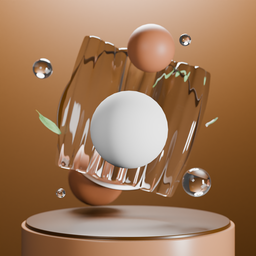 Abstract 3D product visualization scene with dynamic liquid simulation, spheres, and foliage elements in Blender.