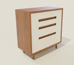 3D-rendered wooden drawer model with three handles for Blender interior design visualization.