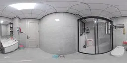 High-resolution interior HDR of a clean, spacious bathroom with reflective white tiles and soft natural light.