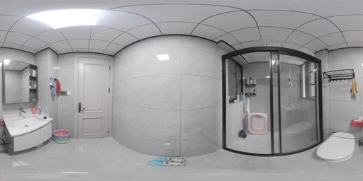 High-resolution interior HDR of a clean, spacious bathroom with reflective white tiles and soft natural light.