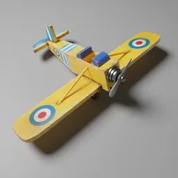 "Yellow WW1 fighter plane toy with wooden texture, inspired by Archibald Robertson and designed using Blender 3D. Features smooth shading and highly detailed texture for enhanced visual appeal. Shows signs of use with stains and scratches on its paint."