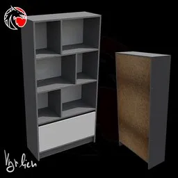 Realistic 3D model of a textured grey oak bookshelf with drawers suitable for Blender rendering.