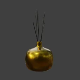 "Golden Censer Vase 3D Model for Blender 3D - a stunning decoration for center tables and shelves. This intricately designed piece features sticks emanating from the gold vase, with violet spike smoke and a perfume bottle - perfect for adding elegance to any scene. Created using Substance Painter and Unreal Engine 5."