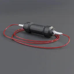 "3D model of a high-security Equipment Loop Lock Alarm in Blender 3D, based on Tattle Tale's exact design. Nuclear-powered and highly-encapsulated, featuring a red cord connected to a black and gray device. Ideal for job sites and areas requiring equipment security."