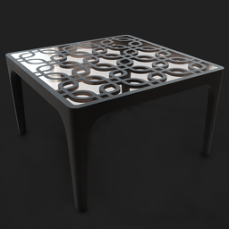 "Stylish metal table with glass inserts - 3D model for Blender 3D. Featuring a unique metal design inspired by Celtic knotwork, this table has a modern monochrome look with intricate floor grills and chinoiserie pattern inserts. Perfect for hard surface modeling projects. CAD optimized."
