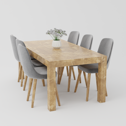Realistic 3D wooden dining set with chairs and table decorations for Blender modeling and rendering.
