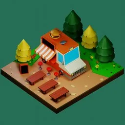 "High-quality 3D model of a Car Restaurant in the Buggy category for Blender 3D. Perfect for use in mobile games or motion graphics, featuring a close-up of a food truck with picnic tables and benches in a natural setting. Don't miss the intricate details, including a hamburger vending machine and stove."