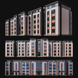 Symmetrical modern residential 3D building model with multiple windows, balconies, and flat roof for Blender.