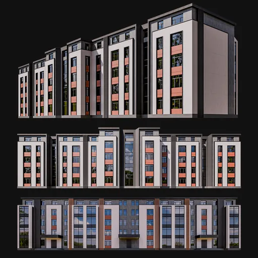Symmetrical modern residential 3D building model with multiple windows, balconies, and flat roof for Blender.