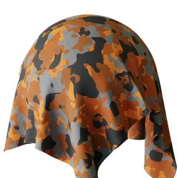 High-resolution 3D render of a fabric material with orange camouflage pattern for PBR texturing in Blender and other 3D applications.