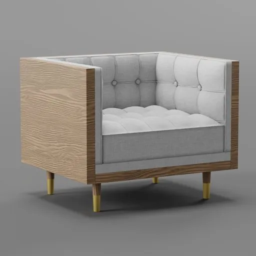 Realistic Escada chair 3D model, tufted upholstery, wood frame, for Blender renderings, lifelike dimensions.