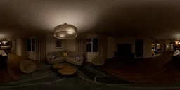360-degree panoramic HDR of a cozy living room with a couch, chairs, TV, and dining area at night.