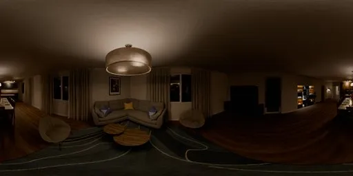 360-degree panoramic HDR of a cozy living room with a couch, chairs, TV, and dining area at night.
