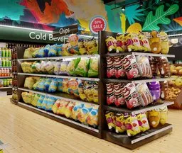 Detailed Blender 3D model of a fully stocked snacks shelf for retail shops.