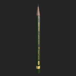 "3D model of a Faber Castell pencil, inspired by the work of Ernő Grünbaum and created using Blender 3D software. Rendered with Substance Designer on a black surface, this 2B pencil features a black gold color scheme and cartoon proportions. Official product image by Ram Chandra Shukla."