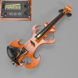 Detailed 3D electric violin model with customizable modifiers, featuring a unique deer beetle emblem and audio output, ideal for Blender rendering.