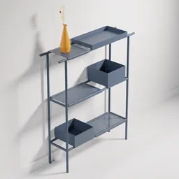 "Customizable Frida cabinet 3D model for Blender 3D - ideal for kitchen, bathroom, or entrance area. Featuring steel gray body, Kobalt blue accents, and practical shelf spaces. Versatile furnishing opportunity inspired by Carl Gustaf Pilo."