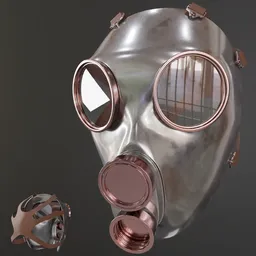 Detailed 3D gas mask model with metallic finish, perfect for Blender war simulations and game designs.