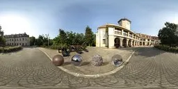 Early morning HDR panorama of Pultusk Castle with clear skies, perfect for realistic car visualization lighting.