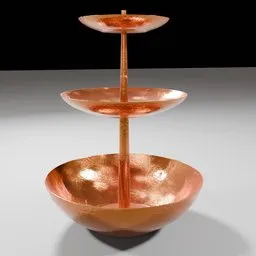 Detailed 3D-rendered copper dish tiers with reflective surface designed in Blender for virtual kitchens.