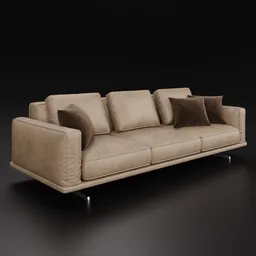 Detailed 3D leather sofa model with pillows, compatible with Blender 4.0, ready for photorealistic rendering.