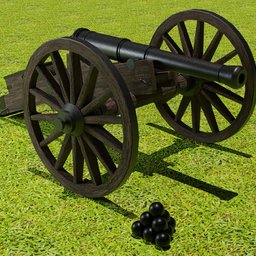 "Prussian 3-pounder M1746 3D model for Blender 3D. A historic military cannon with a redshift renderer, placed on a white surface with a gray background. Includes detailed modeling of the stand, cart, and battlements."