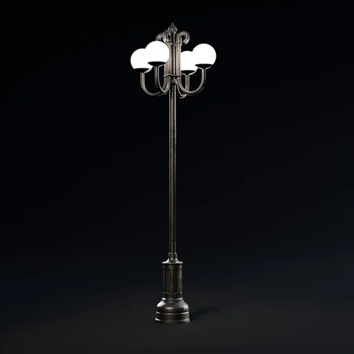 Realistic Blender 3D model of a vintage street lamp with multiple globes, adjustable emissivity, and textured surface.