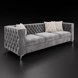 Detailed tufted velvet sofa 3D model with customizable color, compatible with Blender 3D, inspired by Houzz furniture.