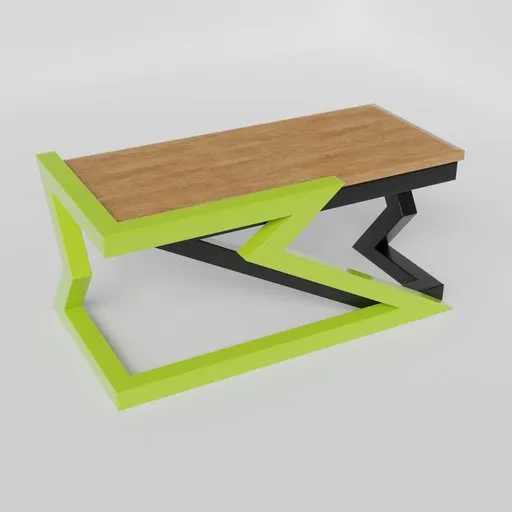 3D model of a modern desk with lightning bolt-inspired frame, showcasing innovative design and functionality for creative workspaces.