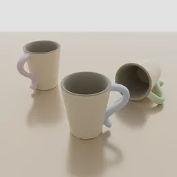 Realistic 3D rendered textured cup set, Blender-compatible, with detailed surfaces and colored handles.