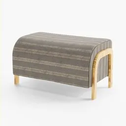 "Small Bench Sofa 3D model in Blender 3D: A stylish wooden-framed ottoman against a white background. Inspired by art deco stripe patterns and created with meticulous attention to detail, this trendy piece features a Nordic crown and scratches for added realism. Perfect for your Blender 3D projects."