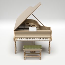 Highly detailed 3D representation of a classical piano with textured surfaces and bench, compatible with Blender.