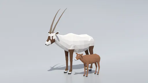 Detailed low poly 3D Blender model of an Arabian Oryx adult with calf, optimized for CG visualization.