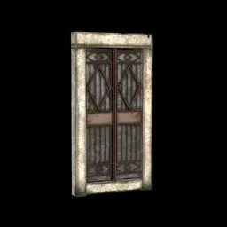 Detailed 3D model of an old-fashioned stone door with intricate metal detailing, compatible with Blender.