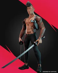 Rigged 3D male model with tattoos holding a sword, ready for Blender animation and game development.