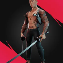 "Full-body Mafia character 3D model for Blender 3D - Anime-styled, tattooed, and armed with a sword, this arafed man is a neo-gothic creation by Reuben Nakian, inspired by James Gilleard. With detailed full-body features and a poseable PVC rig, this character is perfect for gaming and animation projects."