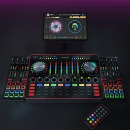 Detailed 3D model of DJ equipment with mixer, turntables, and remote for Blender rendering.