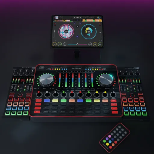 Detailed 3D model of DJ equipment with mixer, turntables, and remote for Blender rendering.