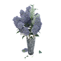 Highly detailed Blender 3D model featuring a vase with realistic purple blooms and green stems.