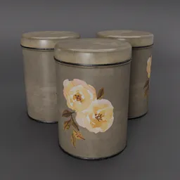 Vintage-style 3D-rendered kitchen storage tins with floral design, ideal for Blender 3D projects.