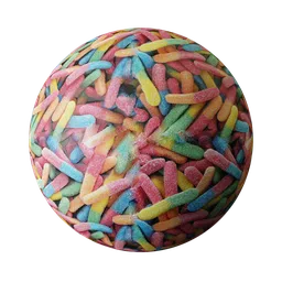 Colorful candy PBR texture for 3D modeling in Blender, representing various sour sweets ideal for food-themed renders.