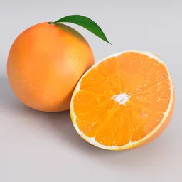 Detailed 3D model of a whole and halved orange with leaf, optimized for Blender.