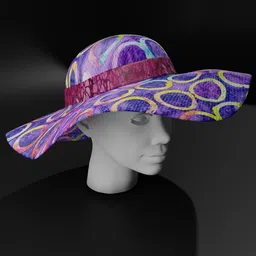 Colorful patterned 3D sun hat model displayed on a mannequin head, created in Blender, suited for virtual avatars.