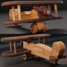 Detailed wooden biplane model with propeller and wheels, ideal for interactive 3D rendering in Blender.
