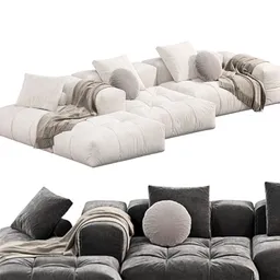 Detailed 3D rendering of a modern cushion sofa in two color variants, designed for Blender modeling and interior scenes.