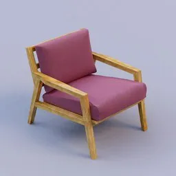 Realistic 3D model of a modern purple fabric armchair with wooden frame, suitable for Blender rendering.
