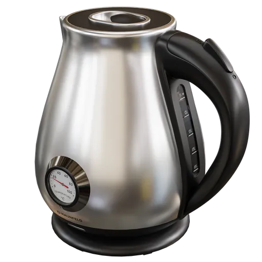 Detailed 3D Blender model of a stainless steel electric kettle with gauge, in centimeters, rendered with Cycles.