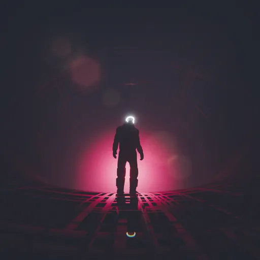 3D rendered sci-fi indoor scene with silhouetted figure against glowing backdrop, created in Blender and refined in Topaz Studio 2.
