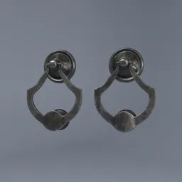 Twin medieval steel door knockers, 3D Blender model with 2K textures, channel packed, low-poly design.