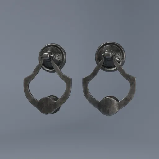 Twin medieval steel door knockers, 3D Blender model with 2K textures, channel packed, low-poly design.